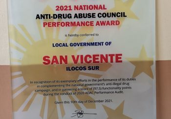 Anti Drug Abuse Council Special Award Conferred to Local Government of SAN VICENTE