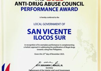 Congratulations! LGU-SAN VICENTE – Anti-Drug Abuse Council Performance Awardee!